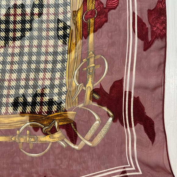 Vintage Burgundy Plaid Equestrian Print Scarf 39” Square Polyester Shawl Wrap - Picture 5 of 8